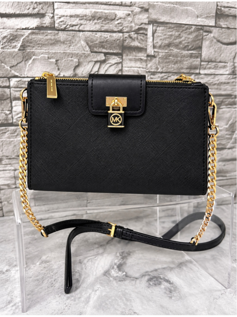 Michael Kors Ruby Small Double Zip Wallet Crossbody Black Saffiano Leather